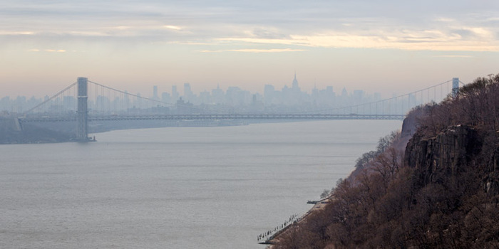 The George Washington Bridge and Manhattan on misty morning
